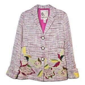 Kenzie Magenta Pink Textured Tweed Colorful Sequins Beads Abstract Design Blazer